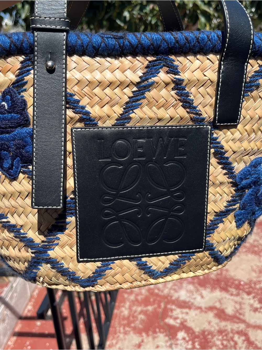 Loewe Natural Straw Tote with Blue Embroidery & Black Leather Trim - Picture 7 of 8